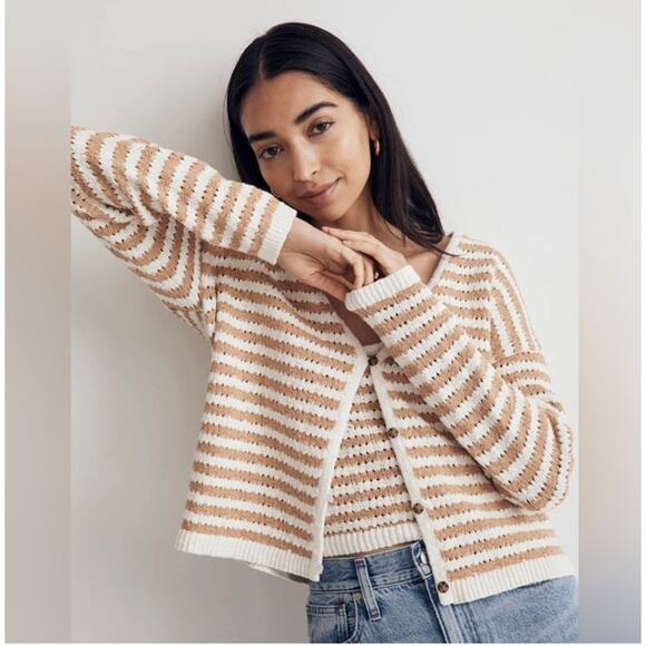Madewell Open Knit Striped Cardigan Sweater White Tan Button Front Cotton XS - Picture 1 of 15